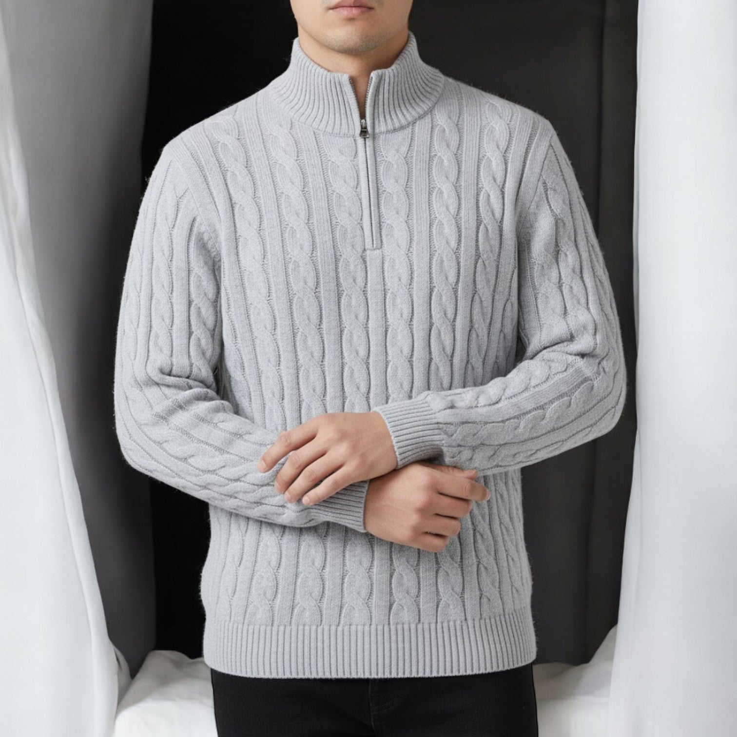 Lior – Men's Cotton Cable Knit Jumper with Zip - Sweater - Grey - Jones & Smith