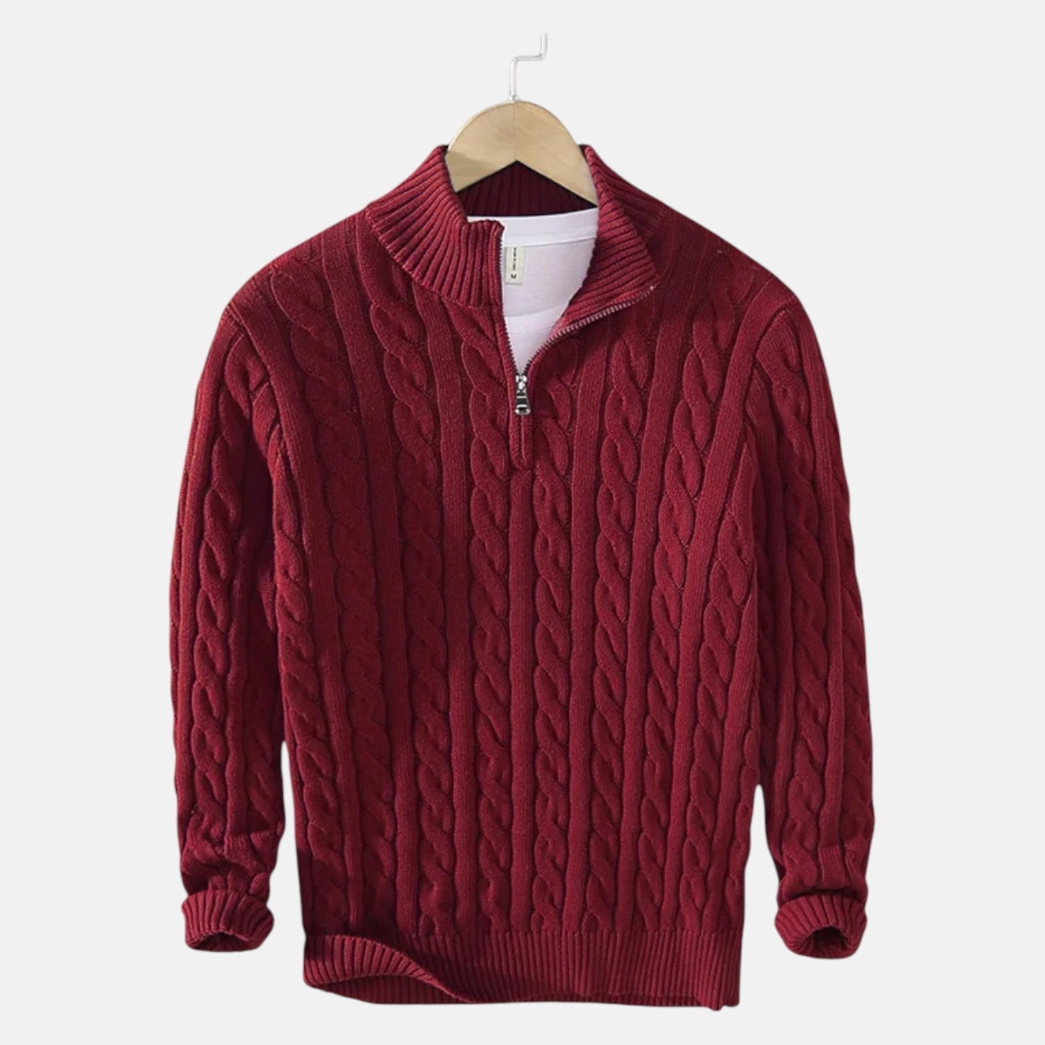 Lior – Men's Cotton Cable Knit Jumper with Zip - Sweater - Red - Jones & Smith