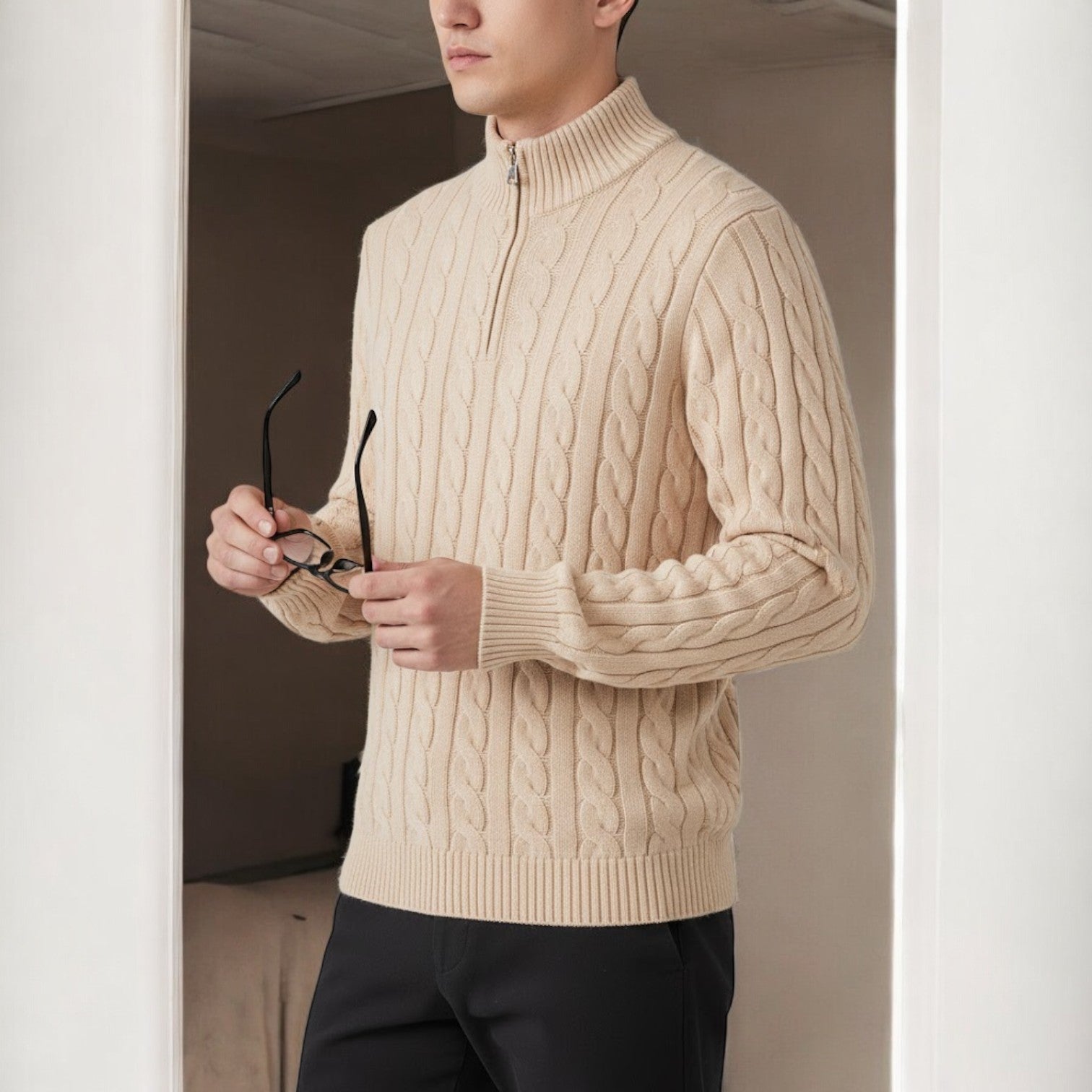 Lior – Men's Cotton Cable Knit Jumper with Zip - Sweater - Beige - Jones & Smith