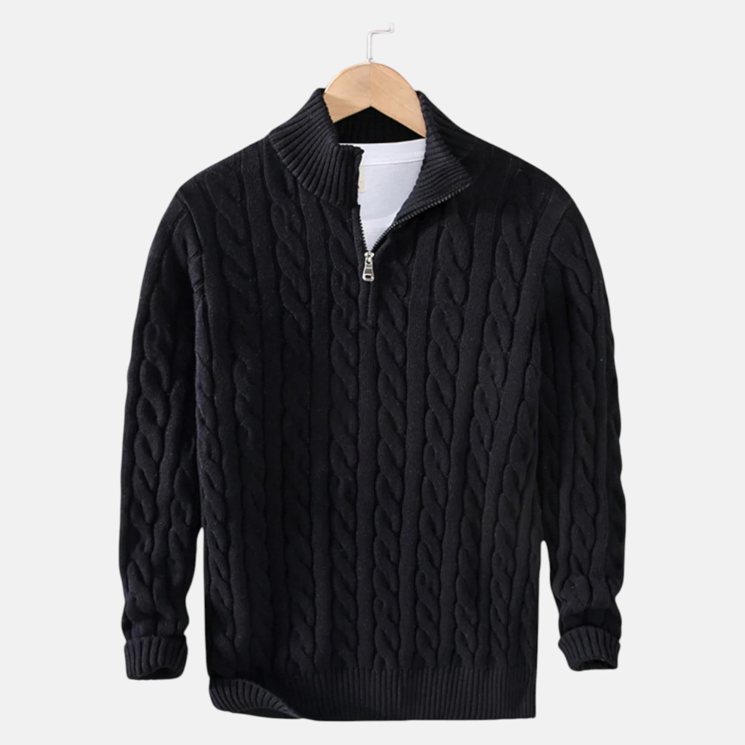 Lior – Men's Cotton Cable Knit Jumper with Zip - Sweater - Black - Jones & Smith
