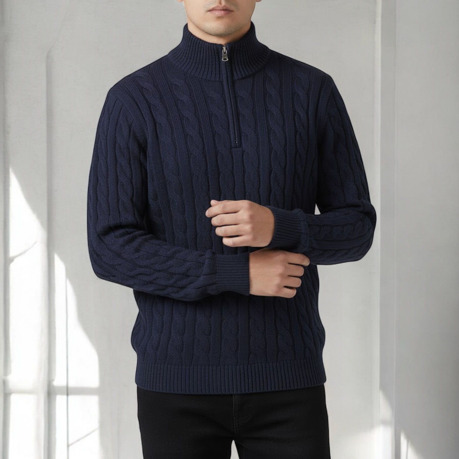 Lior – Men's Cotton Cable Knit Jumper with Zip - Sweater - Navy Blue - Jones & Smith