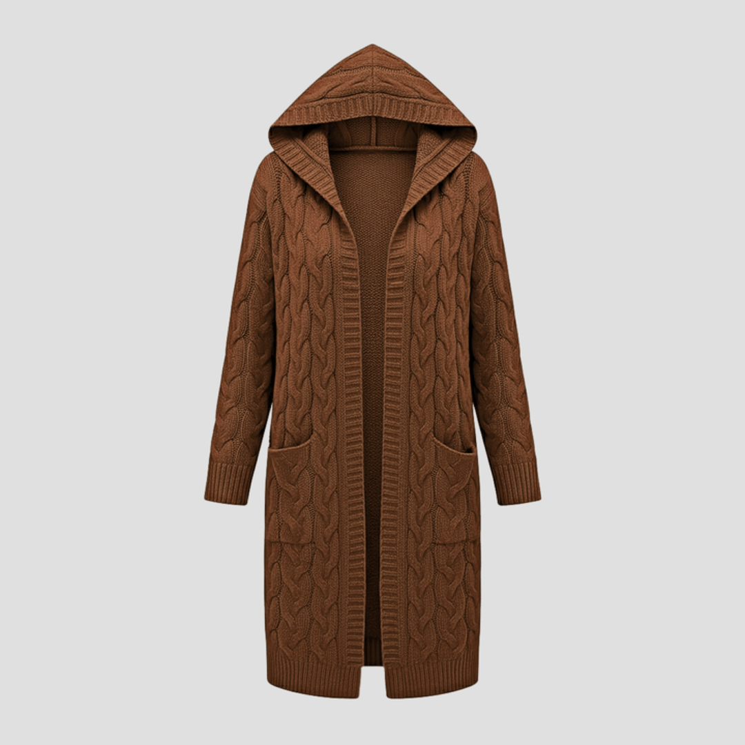 Liora – Women's Cable Knit Long Open Cardigan - Cardigans - Brown - Jones & Smith