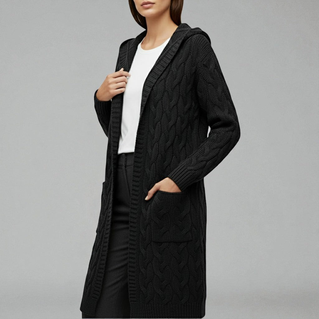 Liora – Women's Cable Knit Long Open Cardigan - Cardigans - Black - Jones & Smith