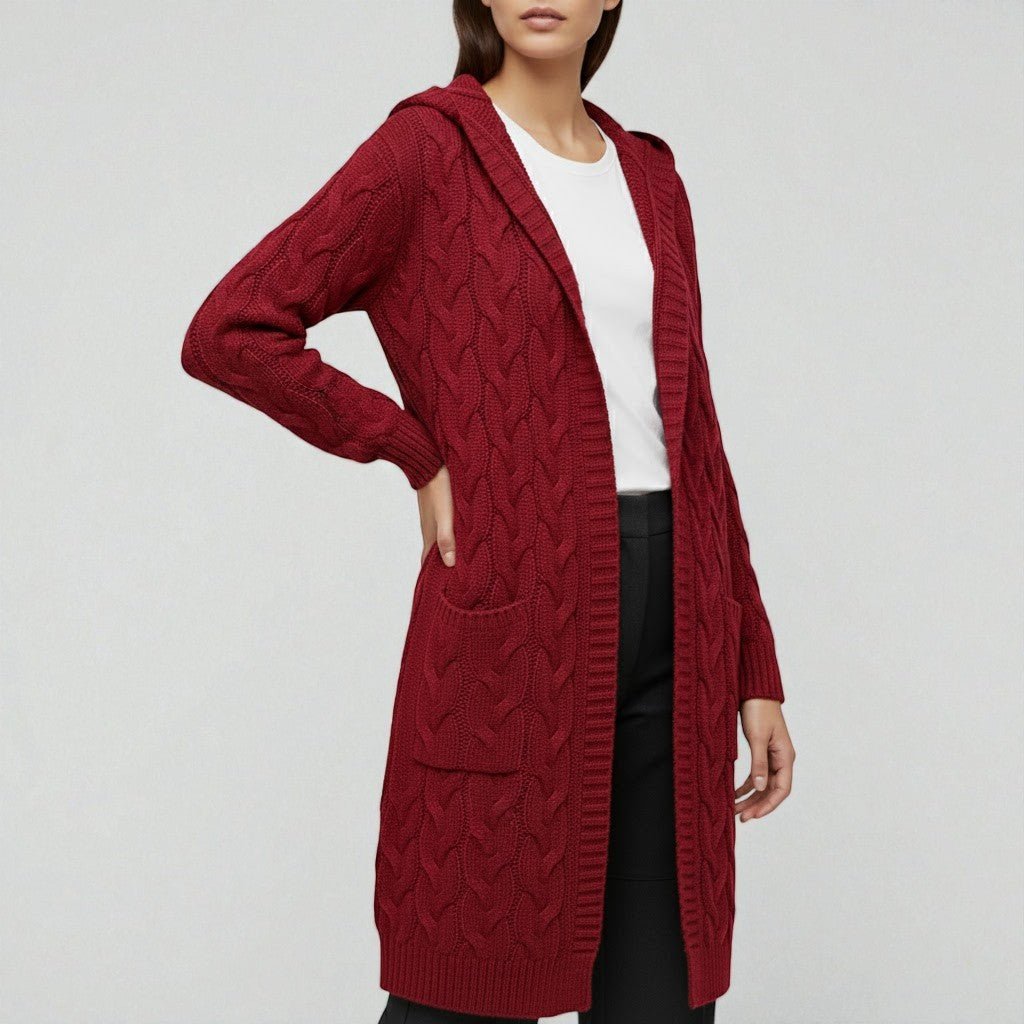Liora – Women's Cable Knit Long Open Cardigan - Cardigans - Red - Jones & Smith