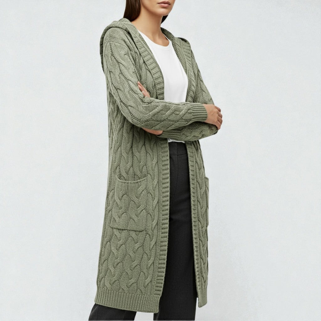 Liora – Women's Cable Knit Long Open Cardigan - Cardigans - Olive Green - Jones & Smith