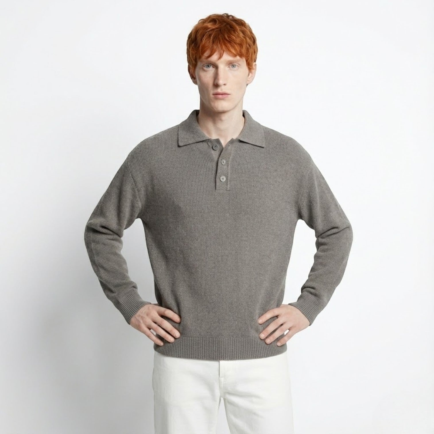 Lorenzo – Men's Wool Polo Sweater - Long Sleeve Polo Shirt - Dark grey - Jones & Smith