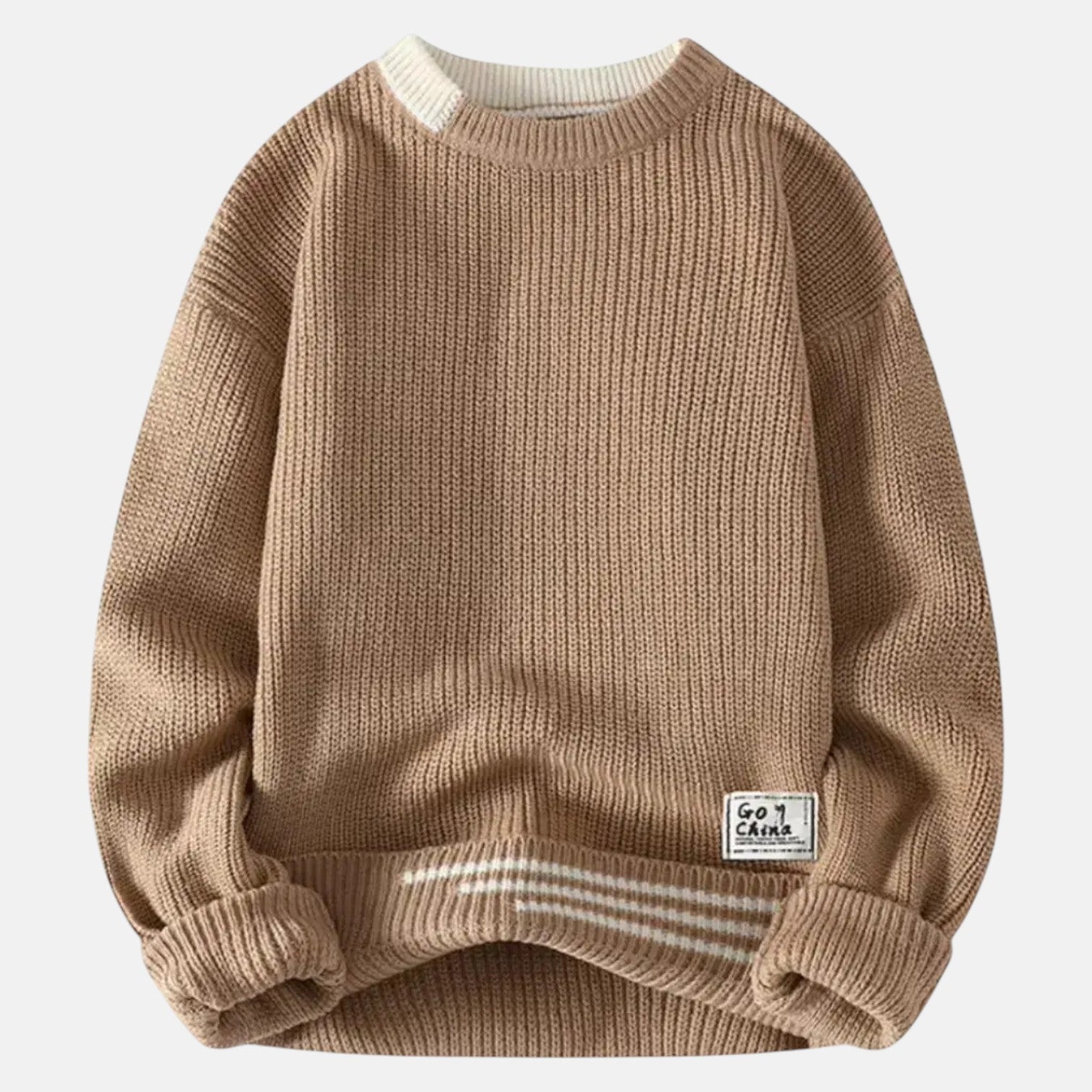 Lunaro – Men's Cotton Crew Neck Jumper - Sweater - Khaki - Jones & Smith