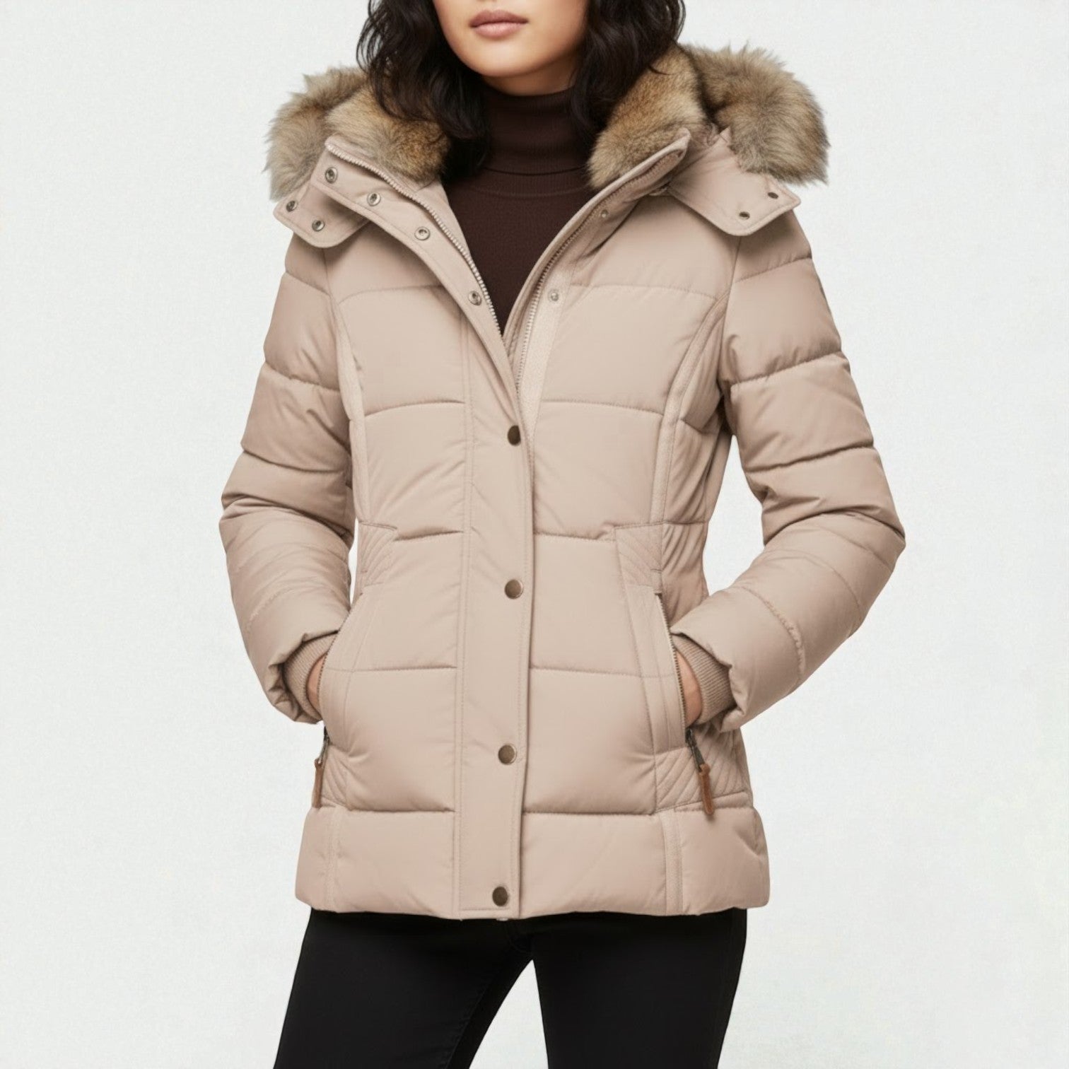 Lysandra – Women's Wool Parka Coat with Hood - Winter Jacket - Beige - Jones & Smith
