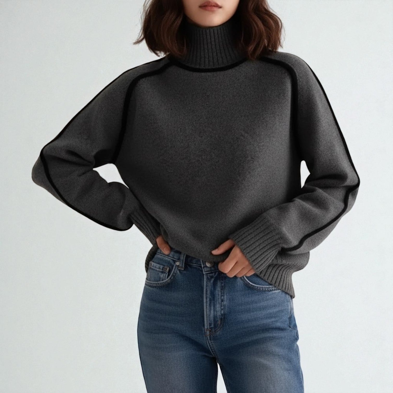 Maëlle – Women's Wool Jumper with Roll Neck - Sweater - Grey - Jones & Smith