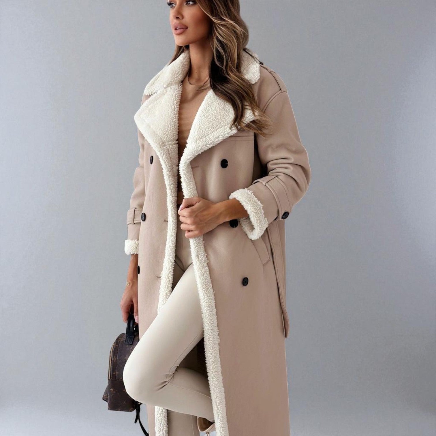 Mara – Long Teddy Winter Coat with Belt - Winter coat - Khaki - Jones & Smith