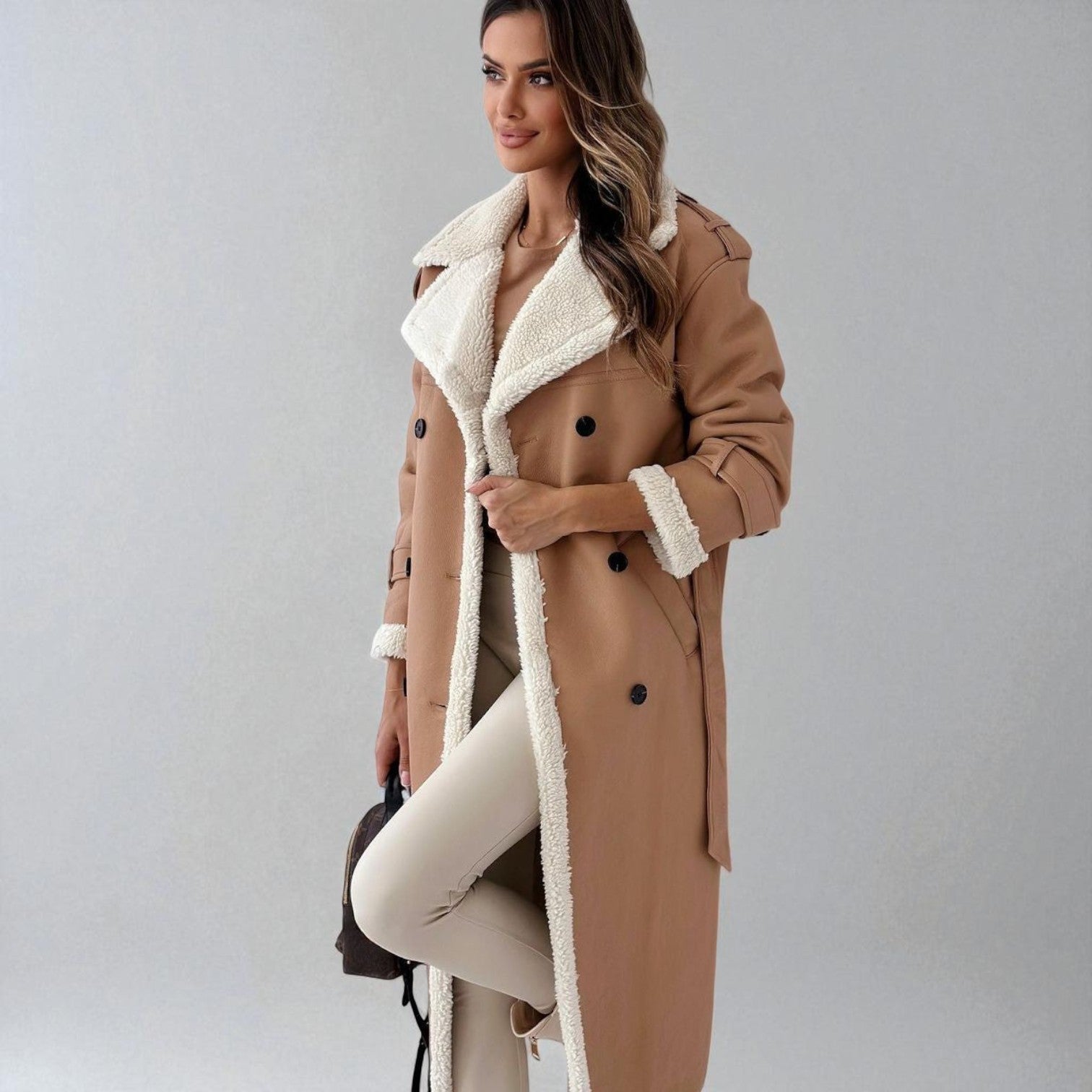 Mara – Long Teddy Winter Coat with Belt - Winter coat - Apricot - Jones & Smith