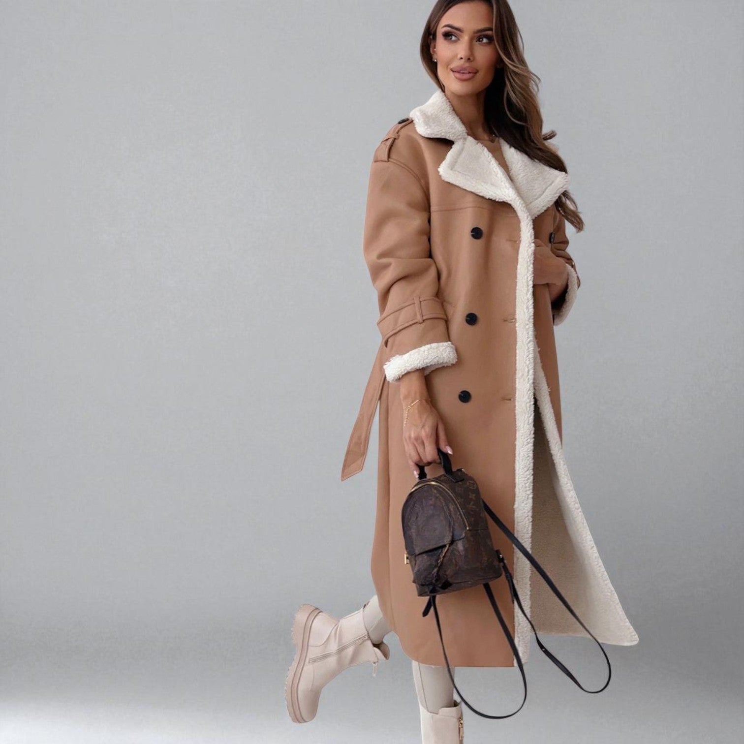 Mara – Long Teddy Winter Coat with Belt - Winter coat - Apricot - Jones & Smith