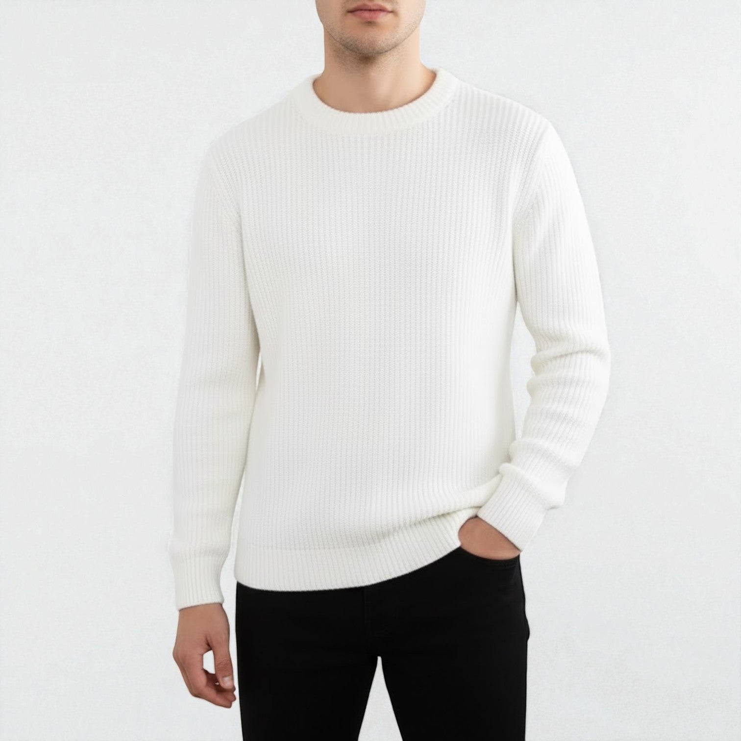Marcel – Men's Wool Knit Jumper Crew Neck - Sweater - White - Jones & Smith