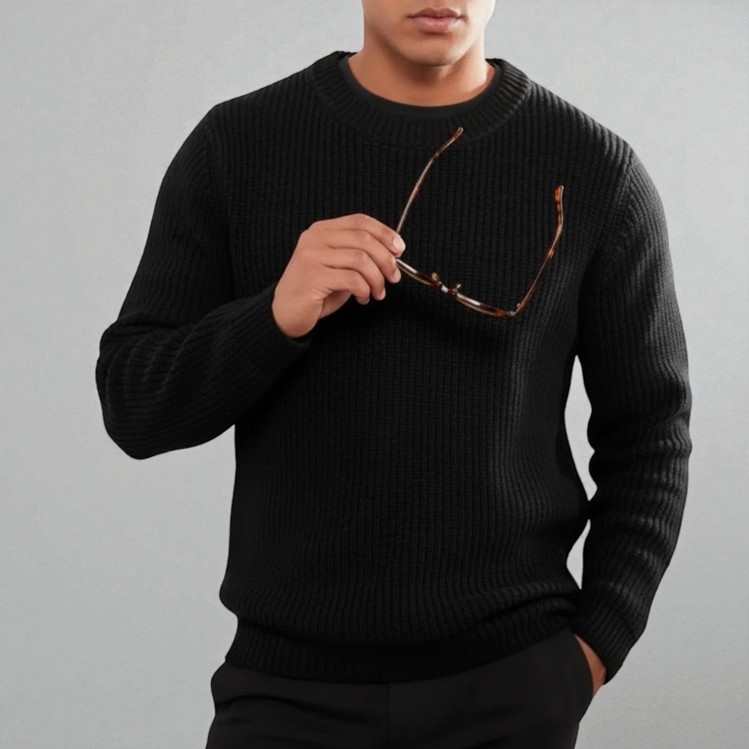 Marcel – Men's Wool Knit Jumper Crew Neck - Sweater - Black - Jones & Smith