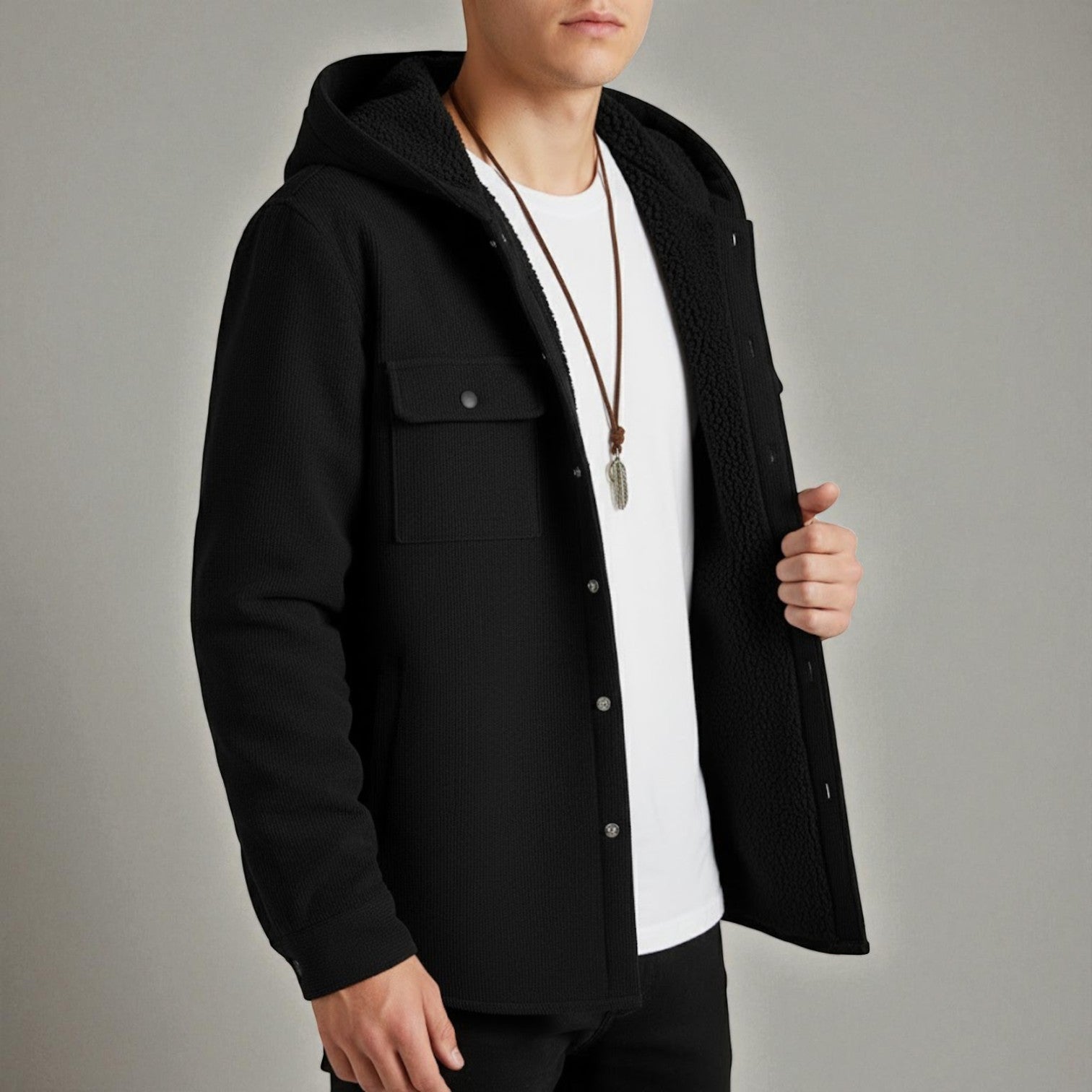 Milo – Men's Hooded Shirt in Waffle Fabric with Fleece - Hooded Jacket - Black - Jones & Smith