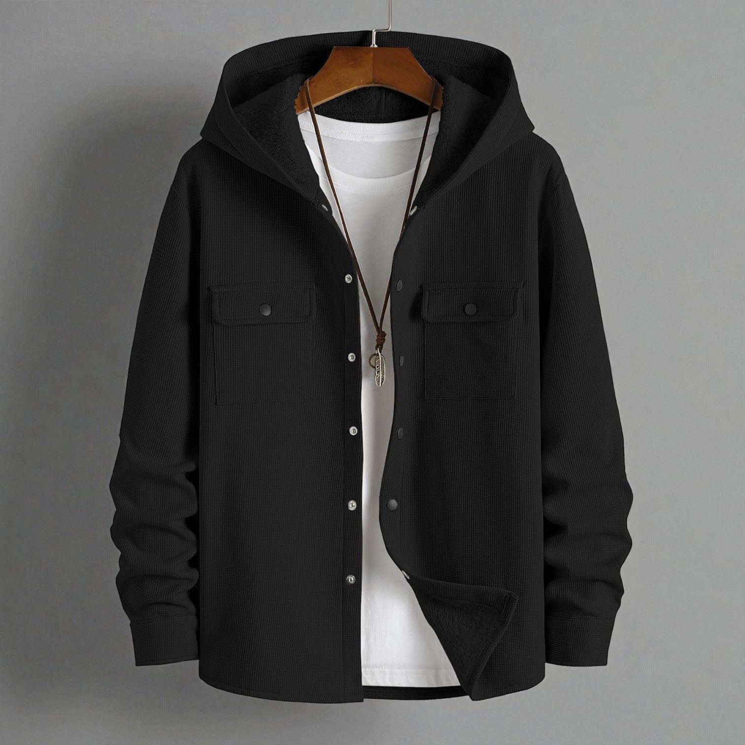 Milo – Men's Hooded Shirt in Waffle Fabric with Fleece - Hooded Jacket - Black - Jones & Smith