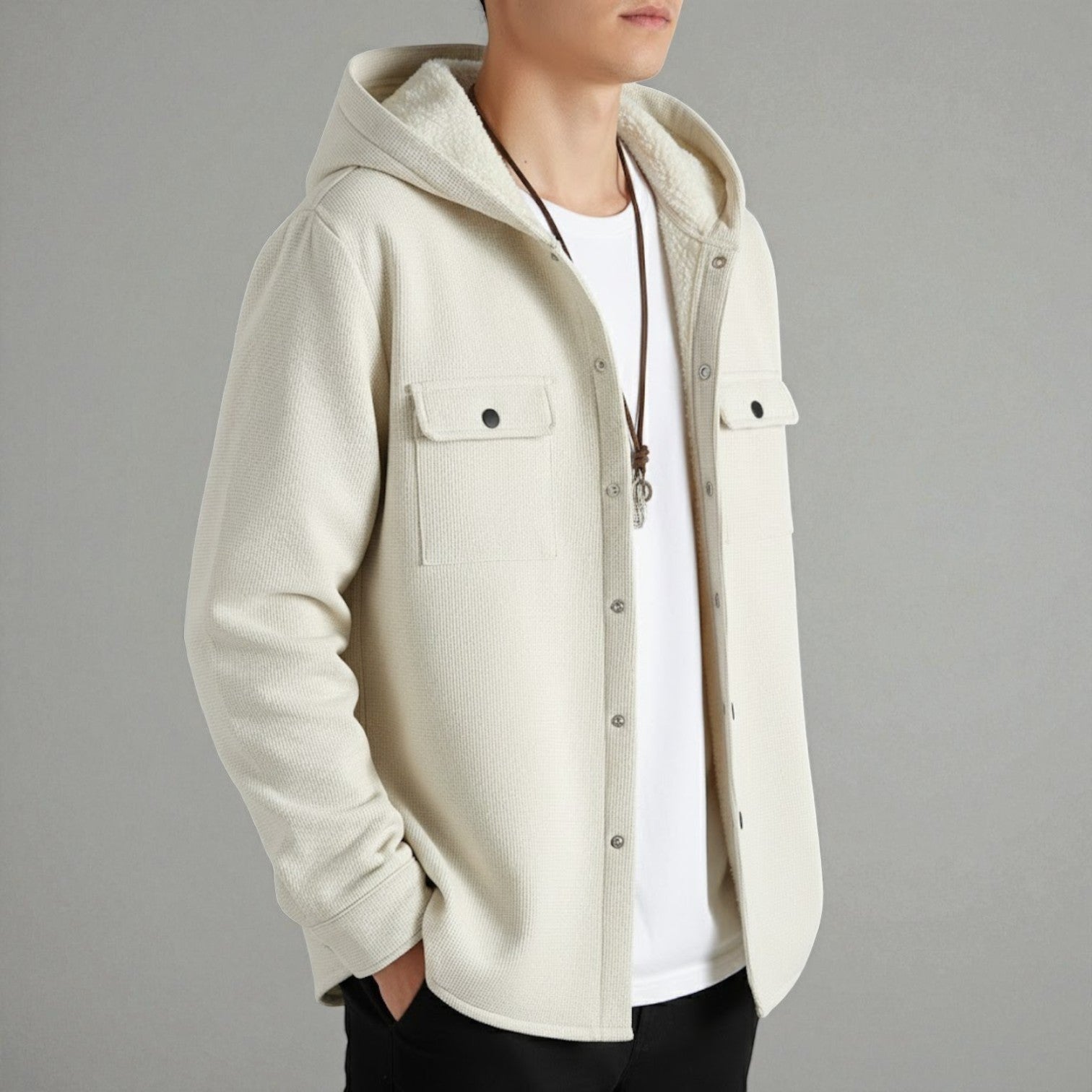 Milo – Men's Hooded Shirt in Waffle Fabric with Fleece - Hooded Jacket - Beige - Jones & Smith