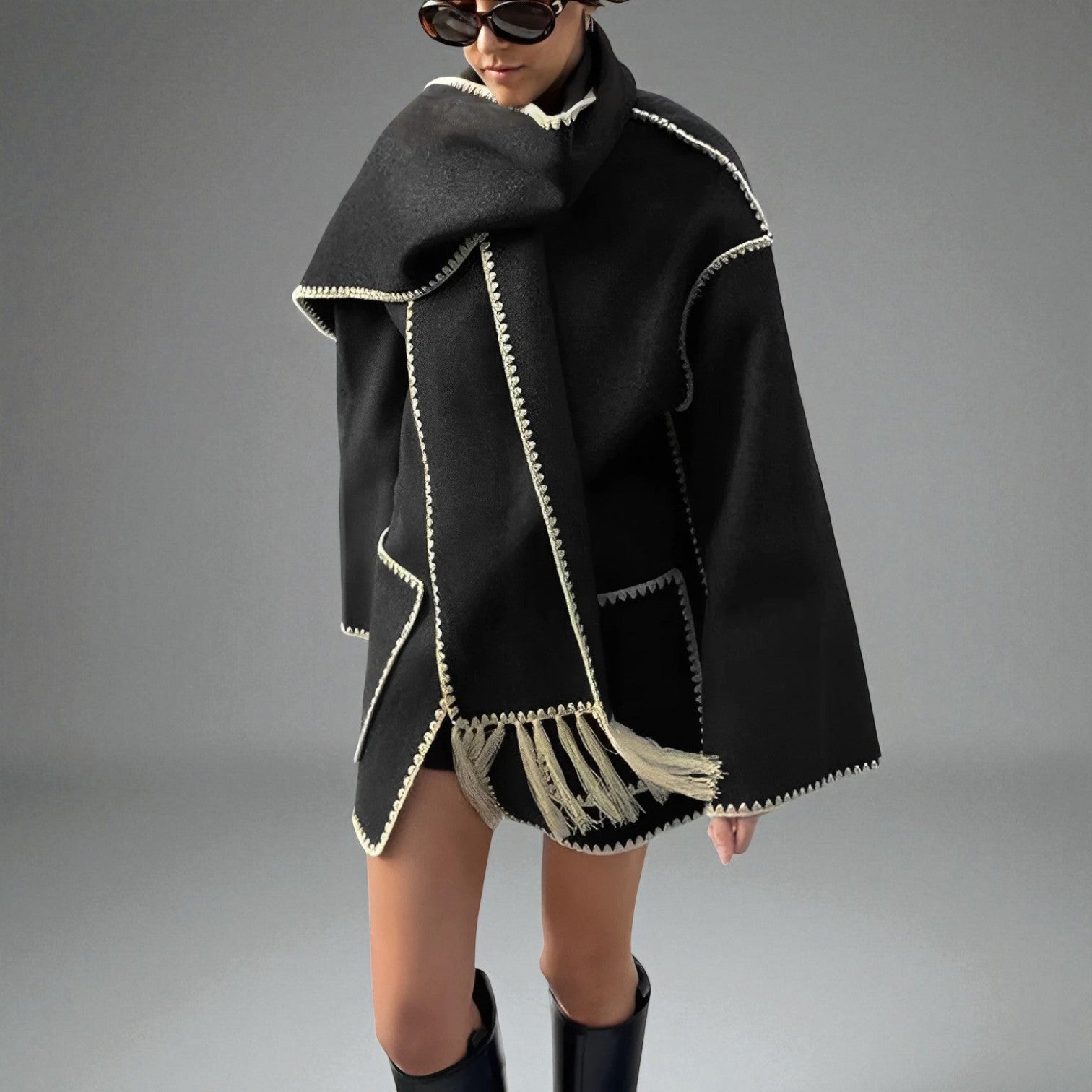 Mira – Women's Tweed Jacket with Shawl Collar - Tweed Jacket - Black - Jones & Smith