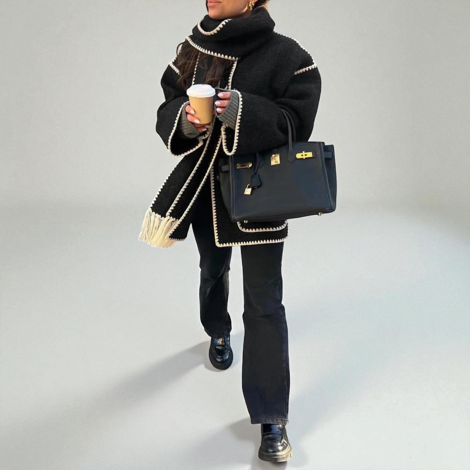 Mira – Women's Tweed Jacket with Shawl Collar - Tweed Jacket - Black - Jones & Smith