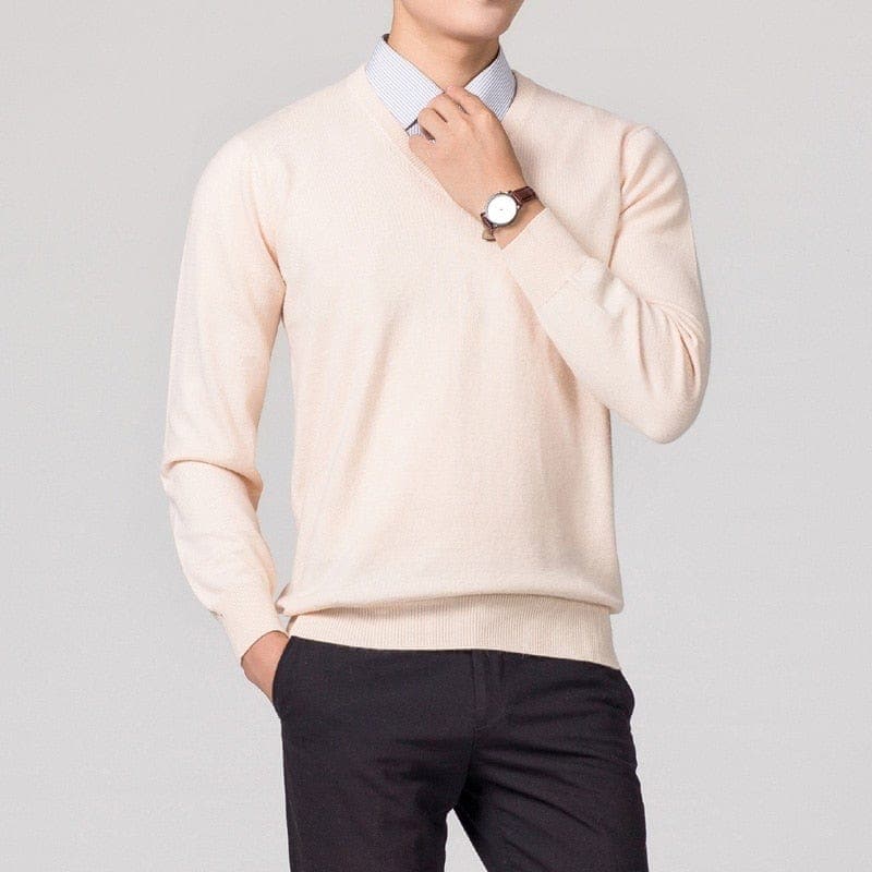 Nevan – Men's V - Neck Jumper Fine Knit - Sweater - Beige - Jones & Smith