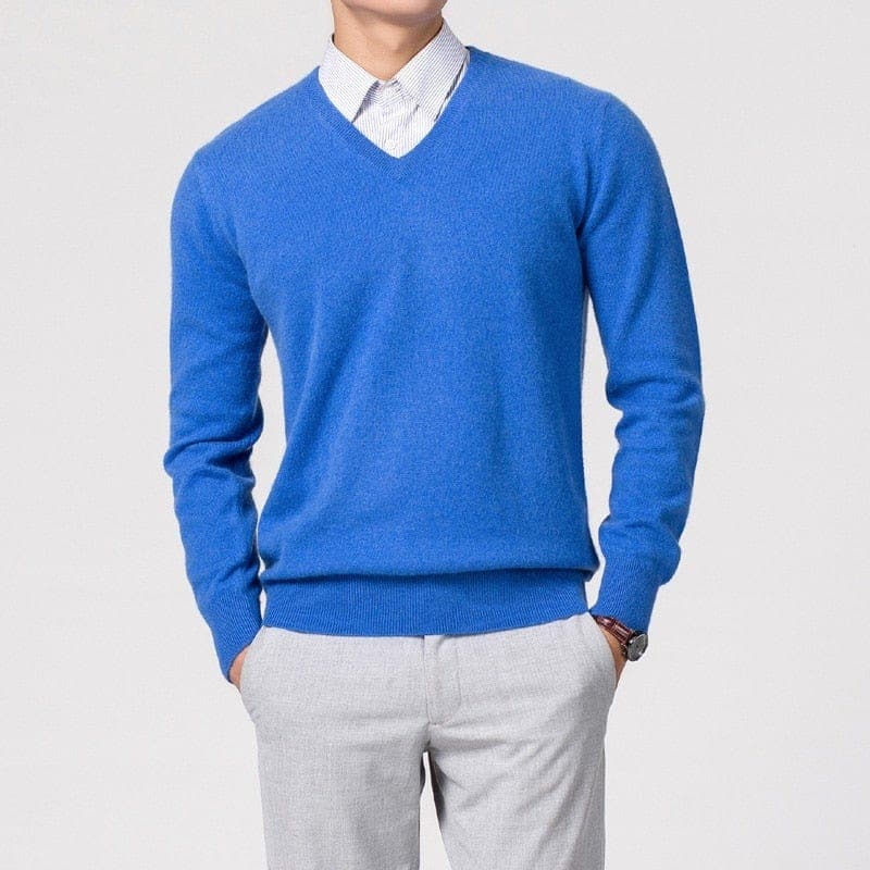 Nevan – Men's V - Neck Jumper Fine Knit - Sweater - Blue - Jones & Smith