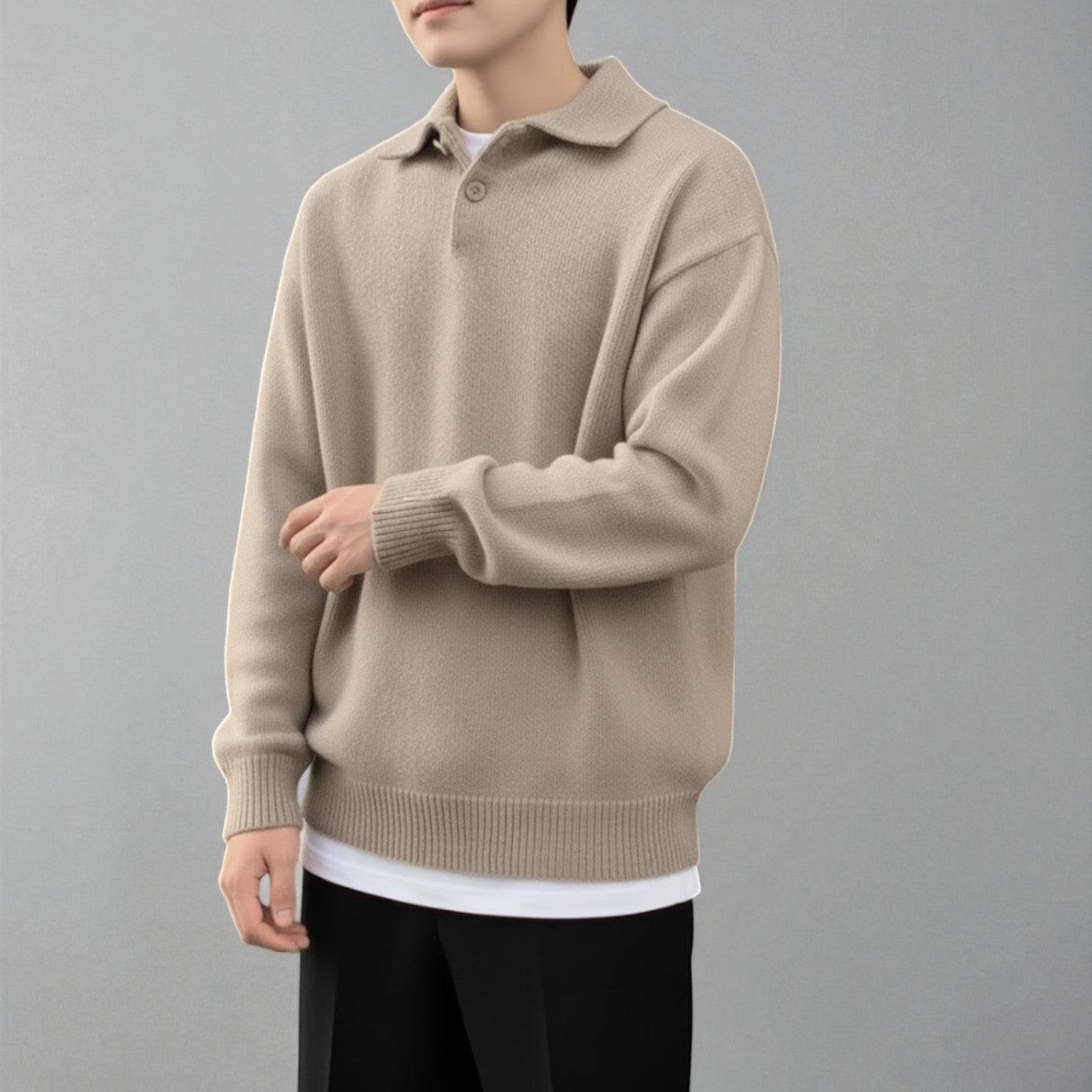 Nilo – Men's Cotton Jumper with Polo Collar - Sweater - Beige - Jones & Smith
