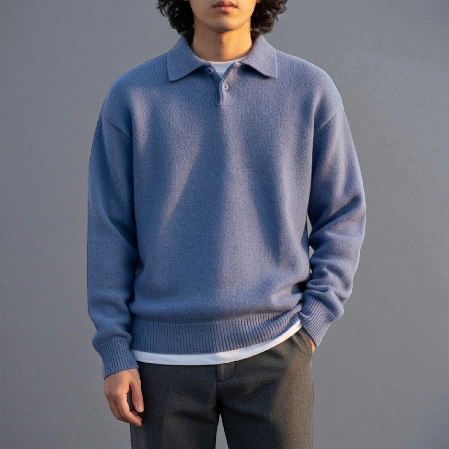 Nilo – Men's Cotton Jumper with Polo Collar - Sweater - Blue - Jones & Smith