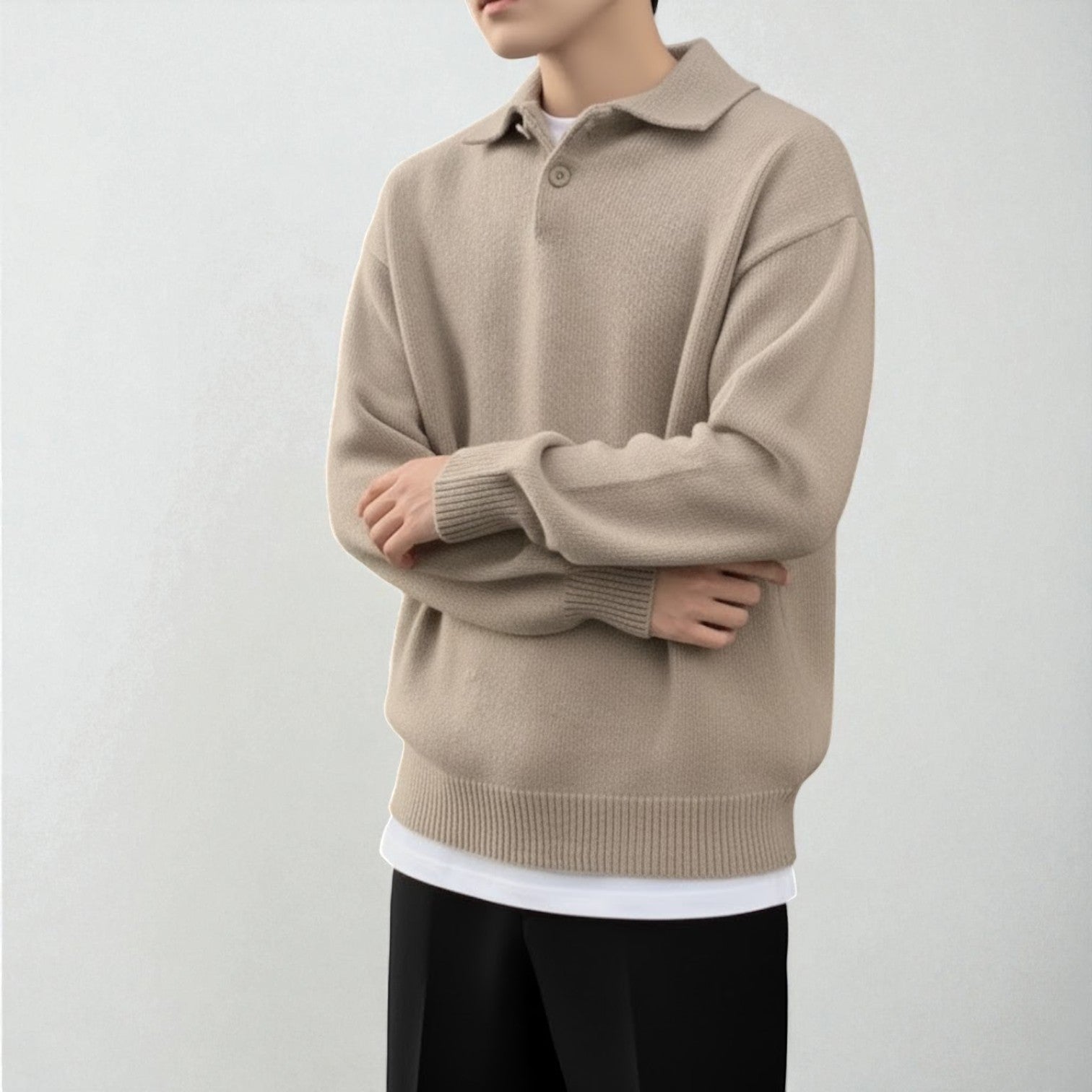 Nilo – Men's Cotton Jumper with Polo Collar - Sweater - Beige - Jones & Smith