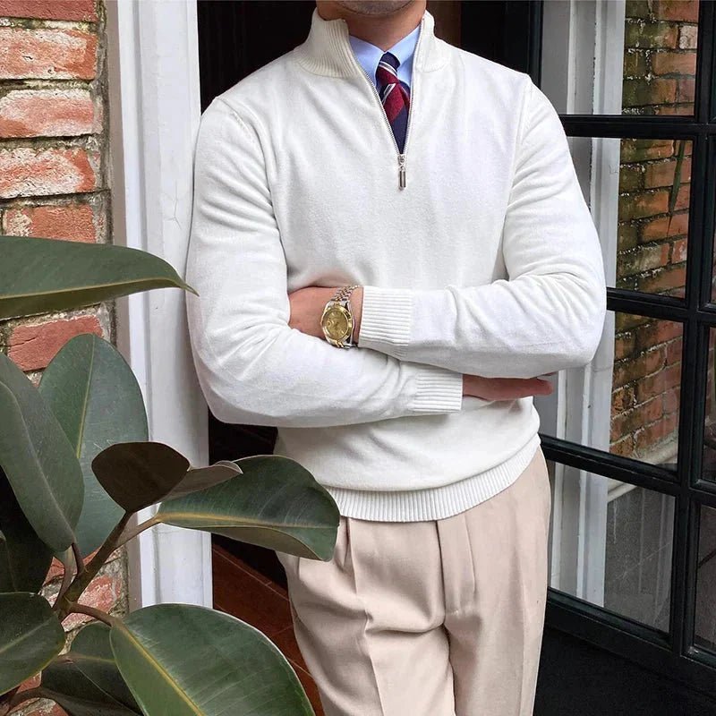 Noah – Half - Zip Knitted Jumper with High Collar - Sweater - White - Jones & Smith