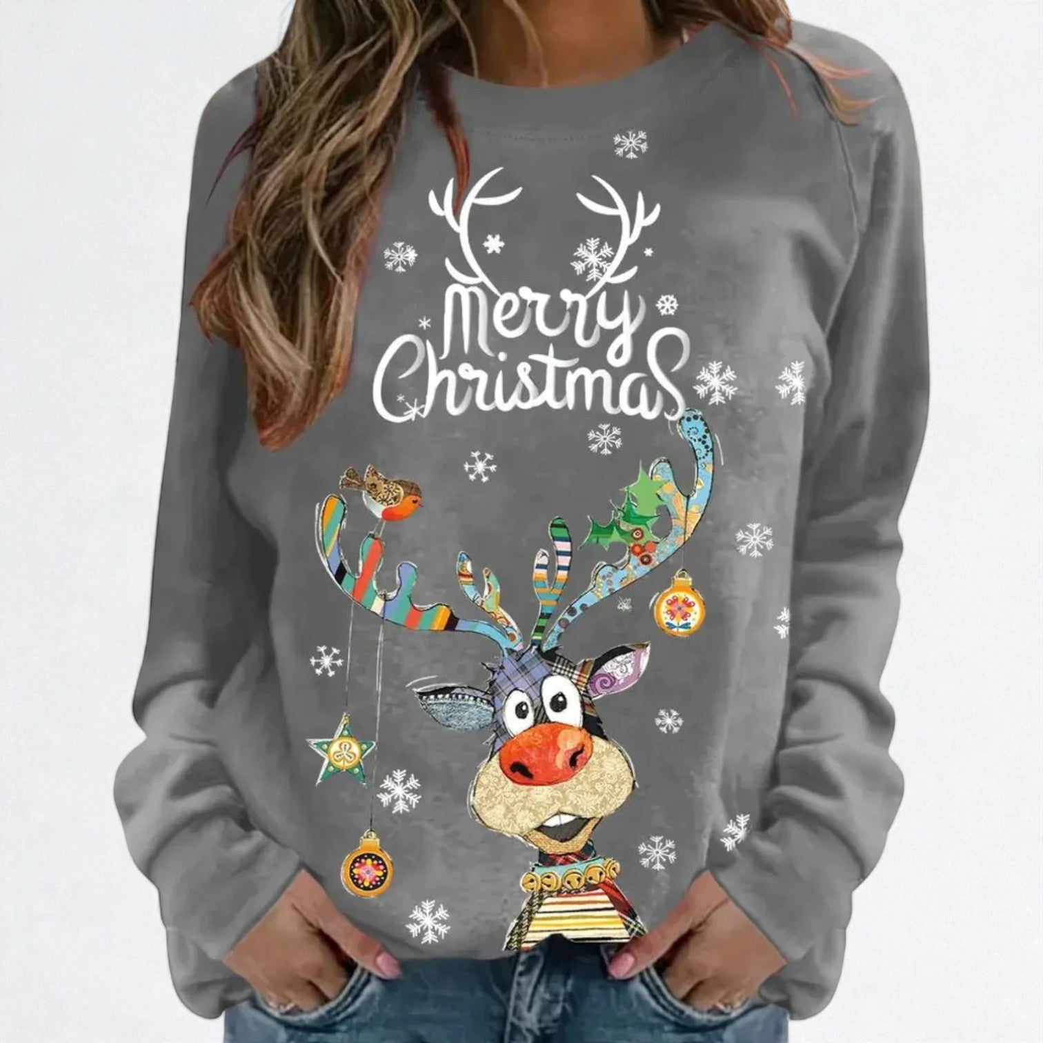 Noëlle – Women's Cotton Christmas Jumper - Sweater - Grey - Jones & Smith