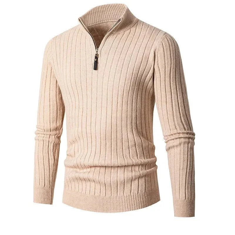 Rafael – Half - Zip Knitted Sweater with High Collar - Sweater - Khaki - Jones & Smith