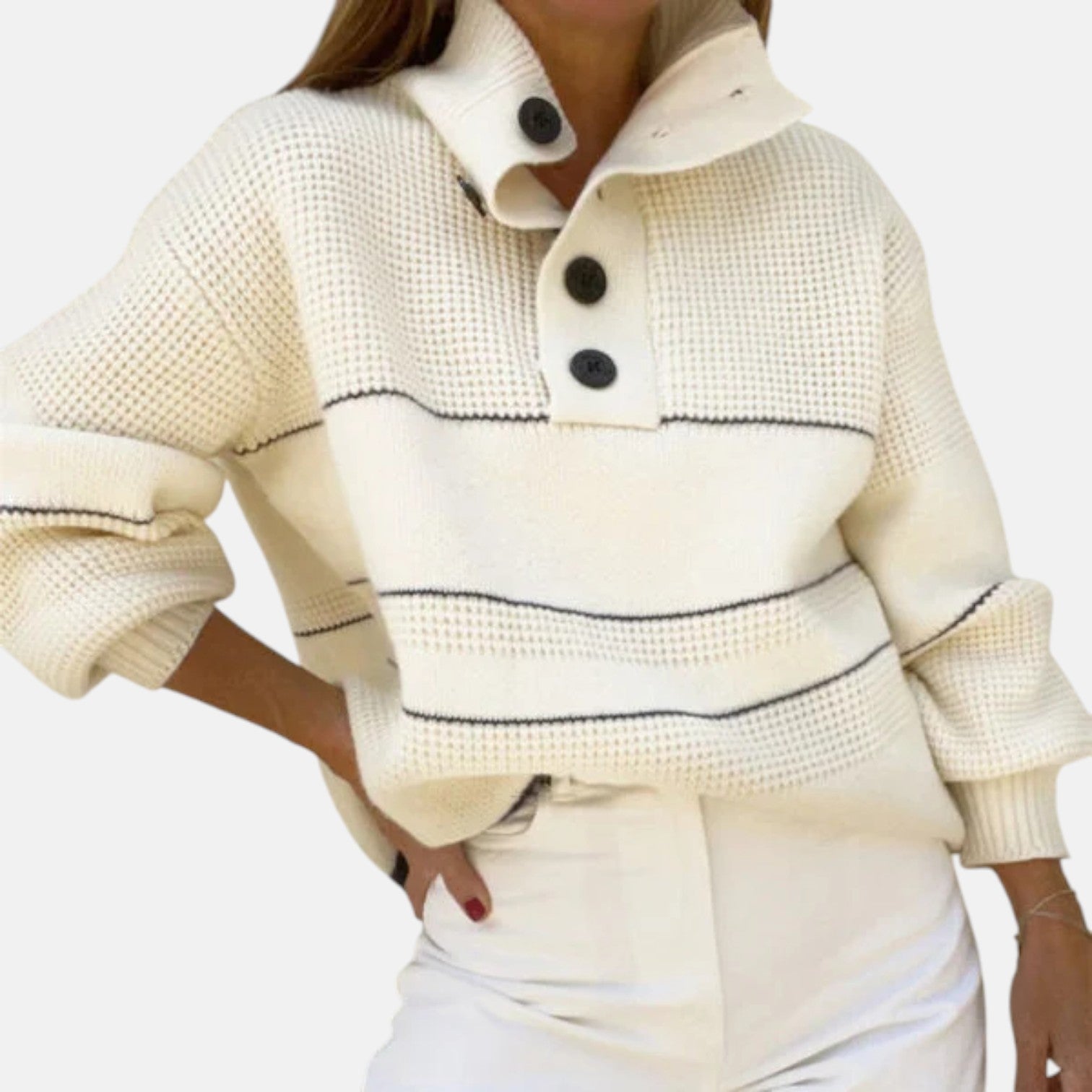 Sana – Women's Knitted Jumper with Button Placket & Open Collar - Sweater - White - Jones & Smith