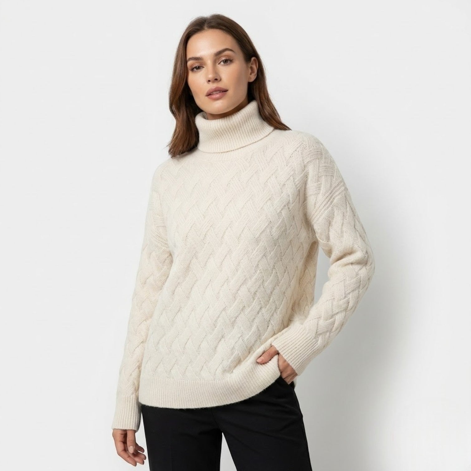 Sena – Women's Wool Sweater with Cable Pattern - Sweater - White - Jones & Smith