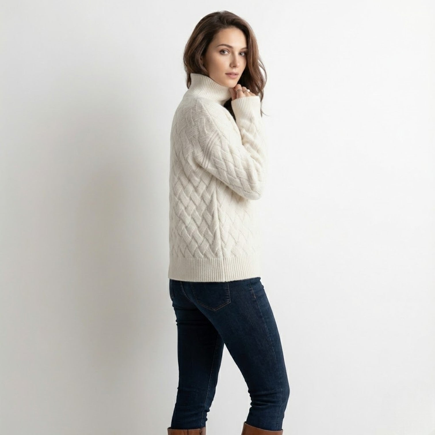 Sena – Women's Wool Sweater with Cable Pattern - Sweater - White - Jones & Smith