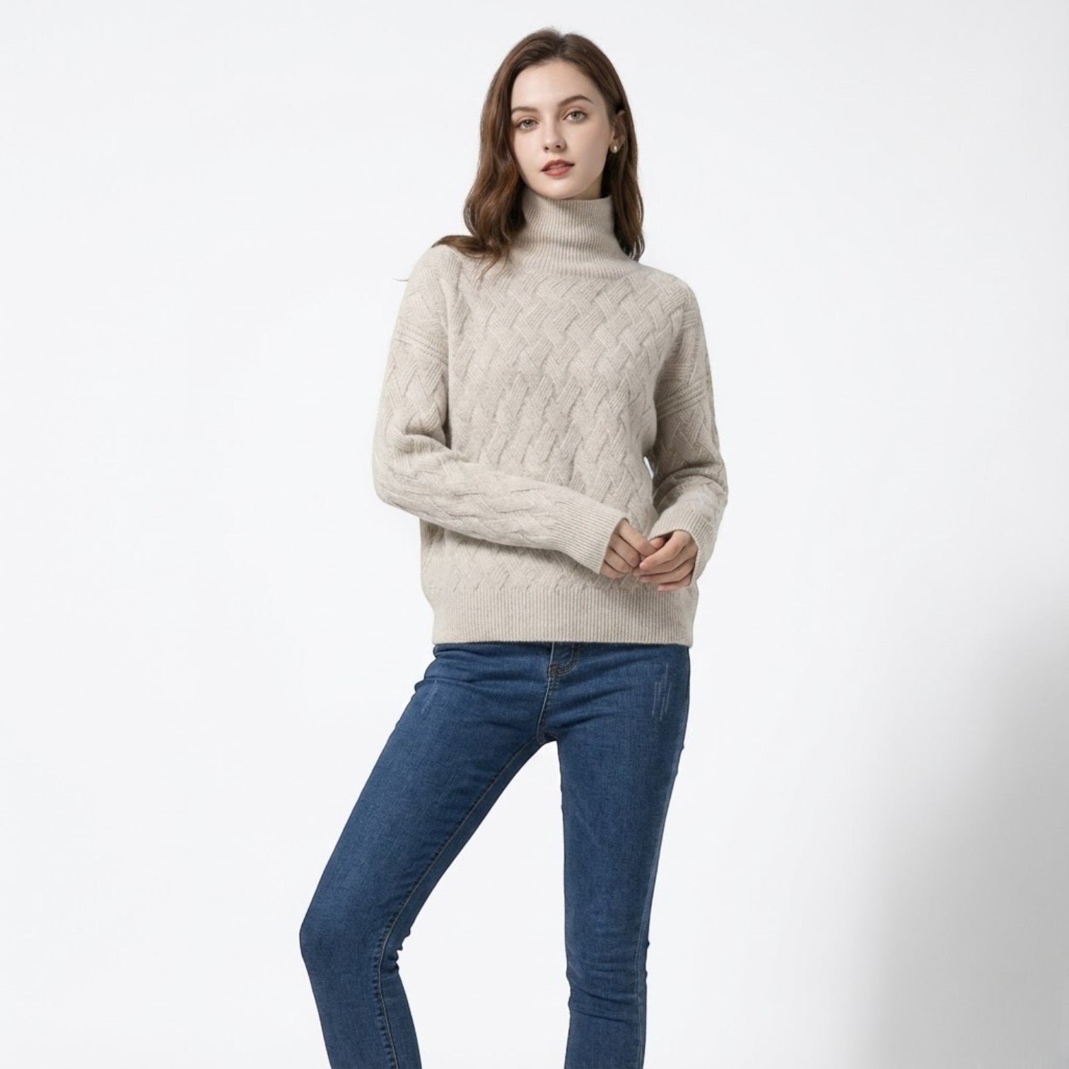 Sena – Women's Wool Sweater with Cable Pattern - Sweater - Grey - Jones & Smith