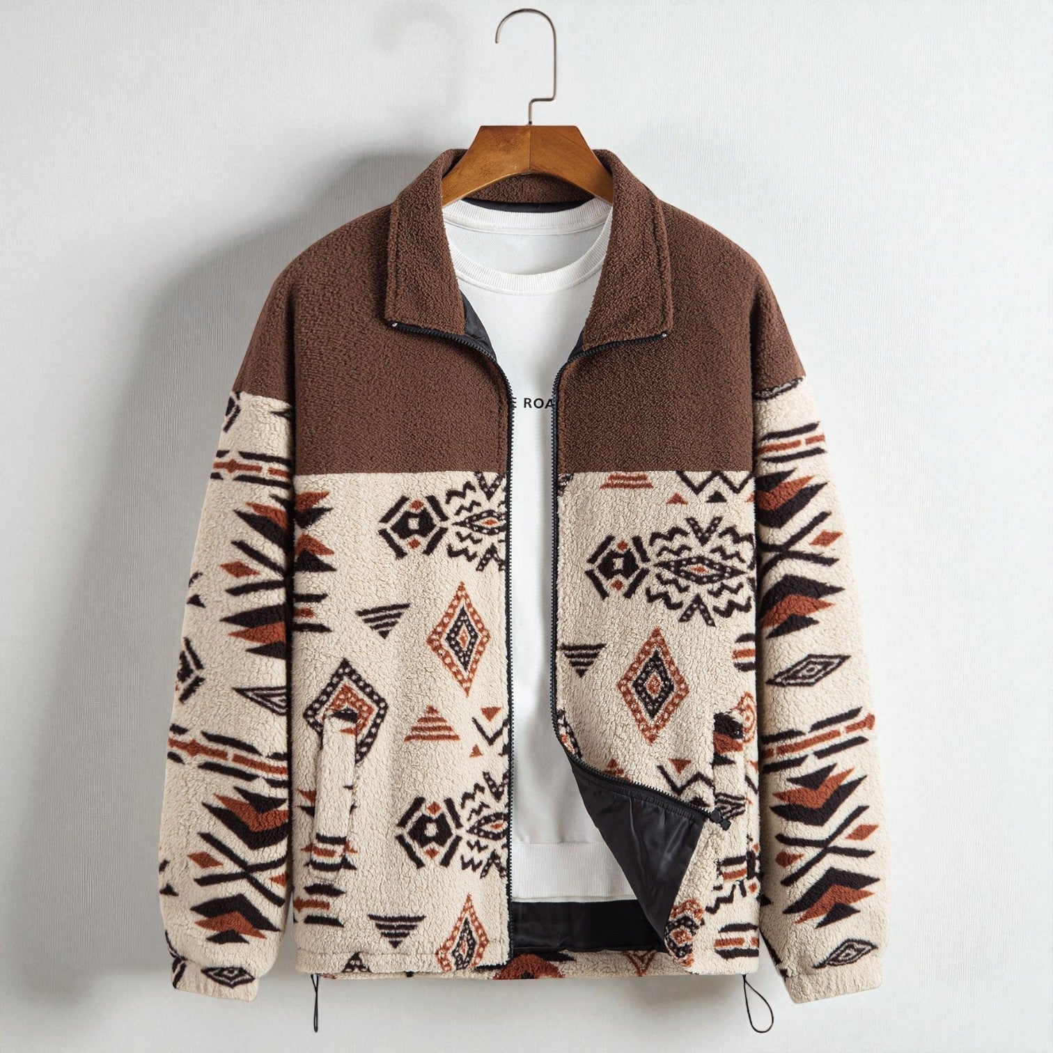 Tamo – Men's Teddy Fleece Jacket with Aztec Pattern - Jacket - Beige - Jones & Smith