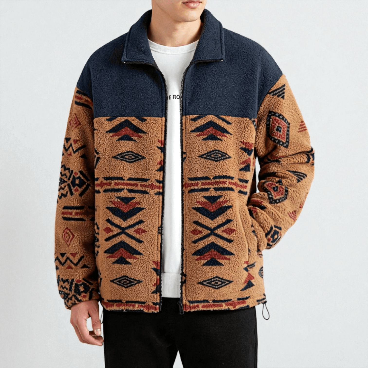 Tamo – Men's Teddy Fleece Jacket with Aztec Pattern - Jacket - Beige - Jones & Smith