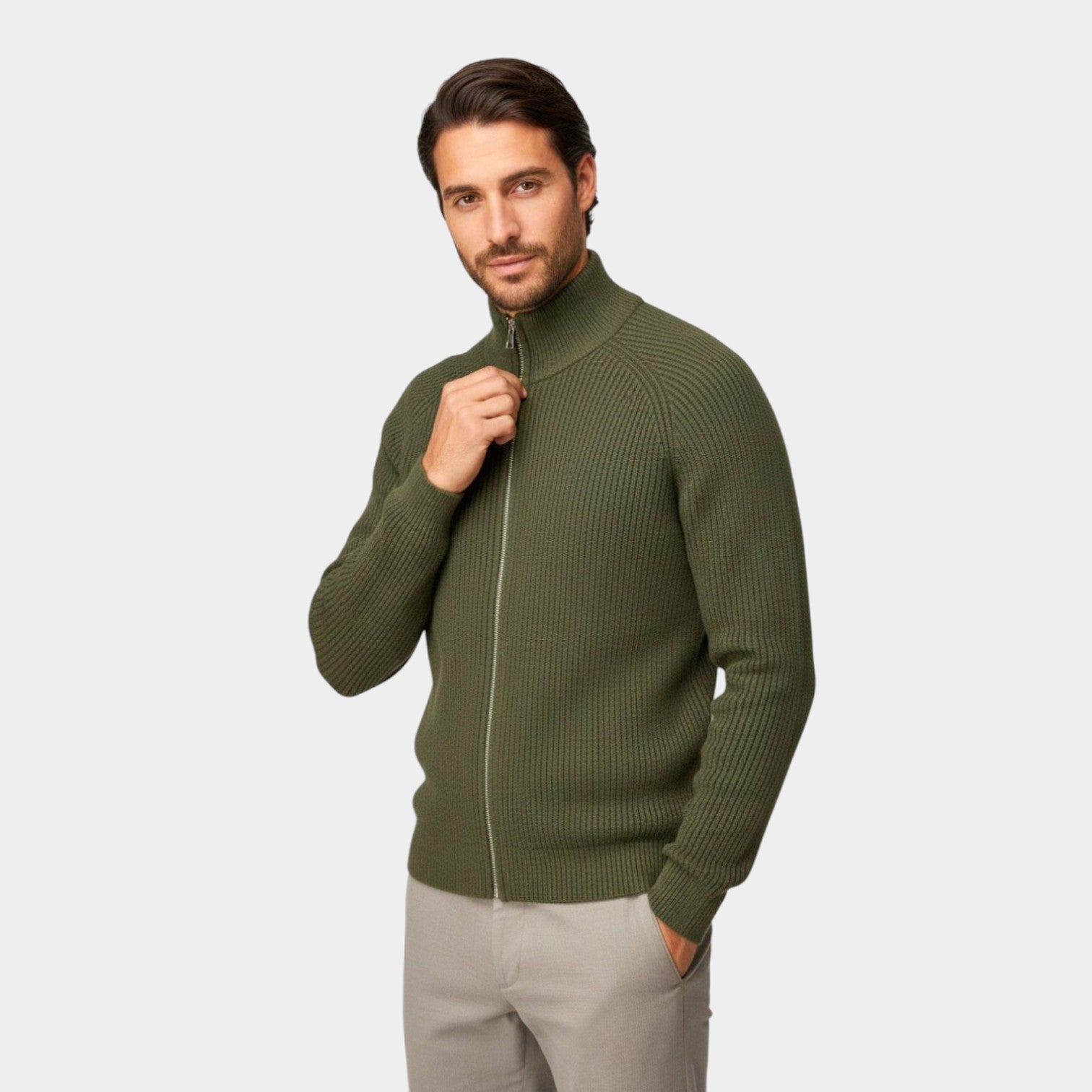 Tarek – Men's Cotton Cardigan - Cardigans - Olive Green - Jones & Smith