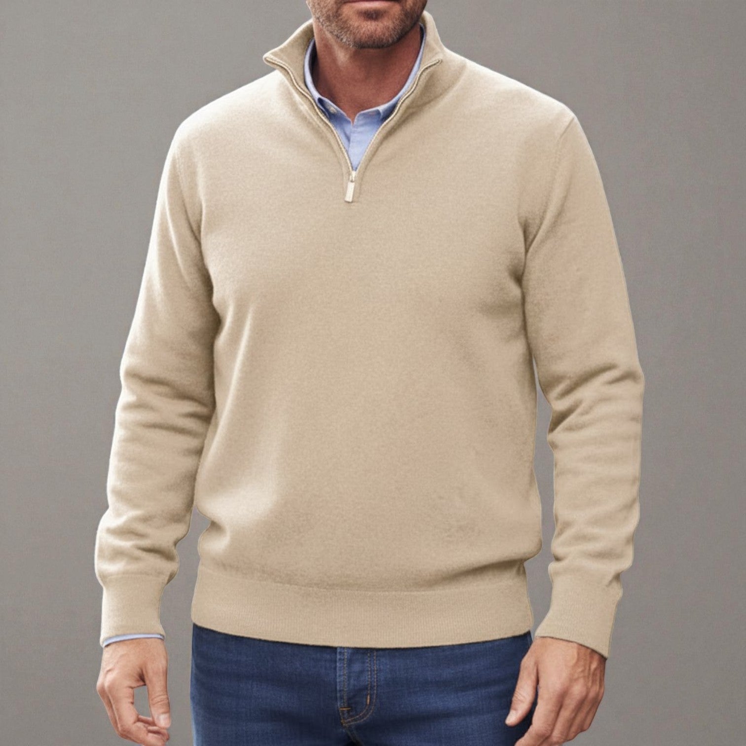 Torin - Men's Zipper Basic Pullover - Sweater - Khaki - Jones & Smith