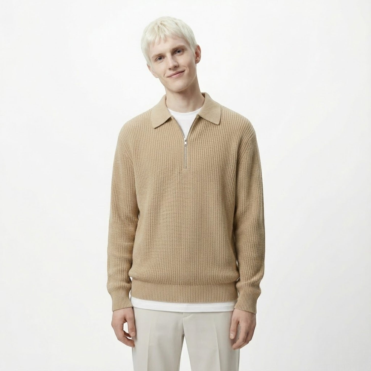 Adrian – Men's Wool Zipped Pullover - Sweater - Khaki - Jones & Smith