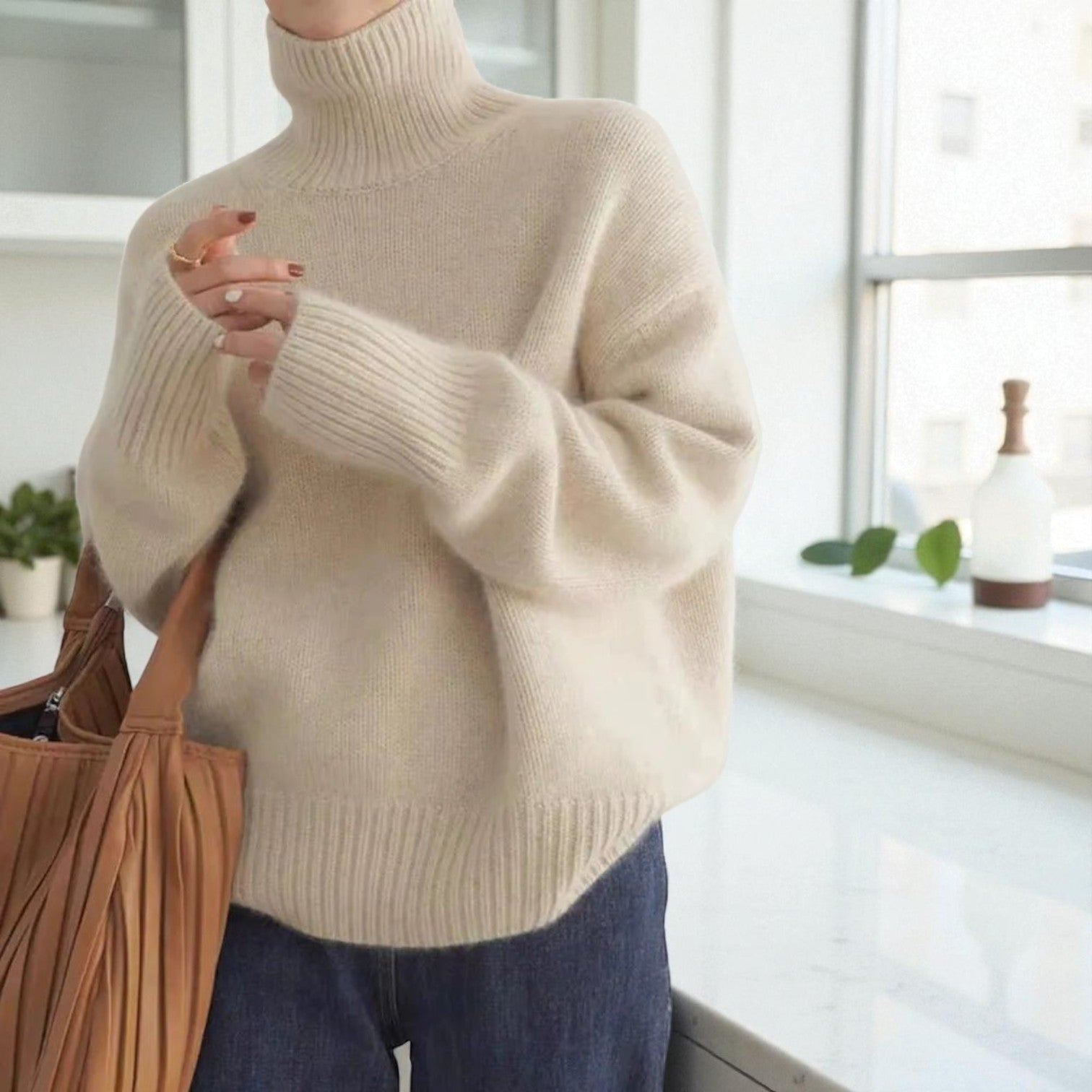 Doris - Soft Roll Neck Jumper - Turtleneck Sweater - Beige - Jones & Smith