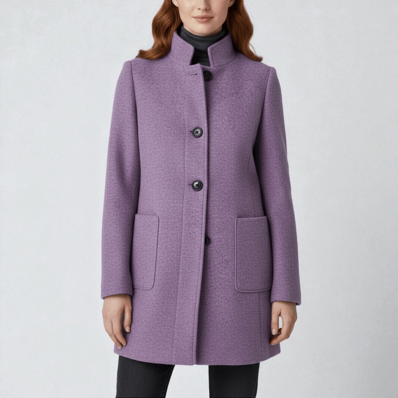 Elara – Women's Wool Coat with Stand - Up Collar and Pockets - Coats - Purple - Jones & Smith