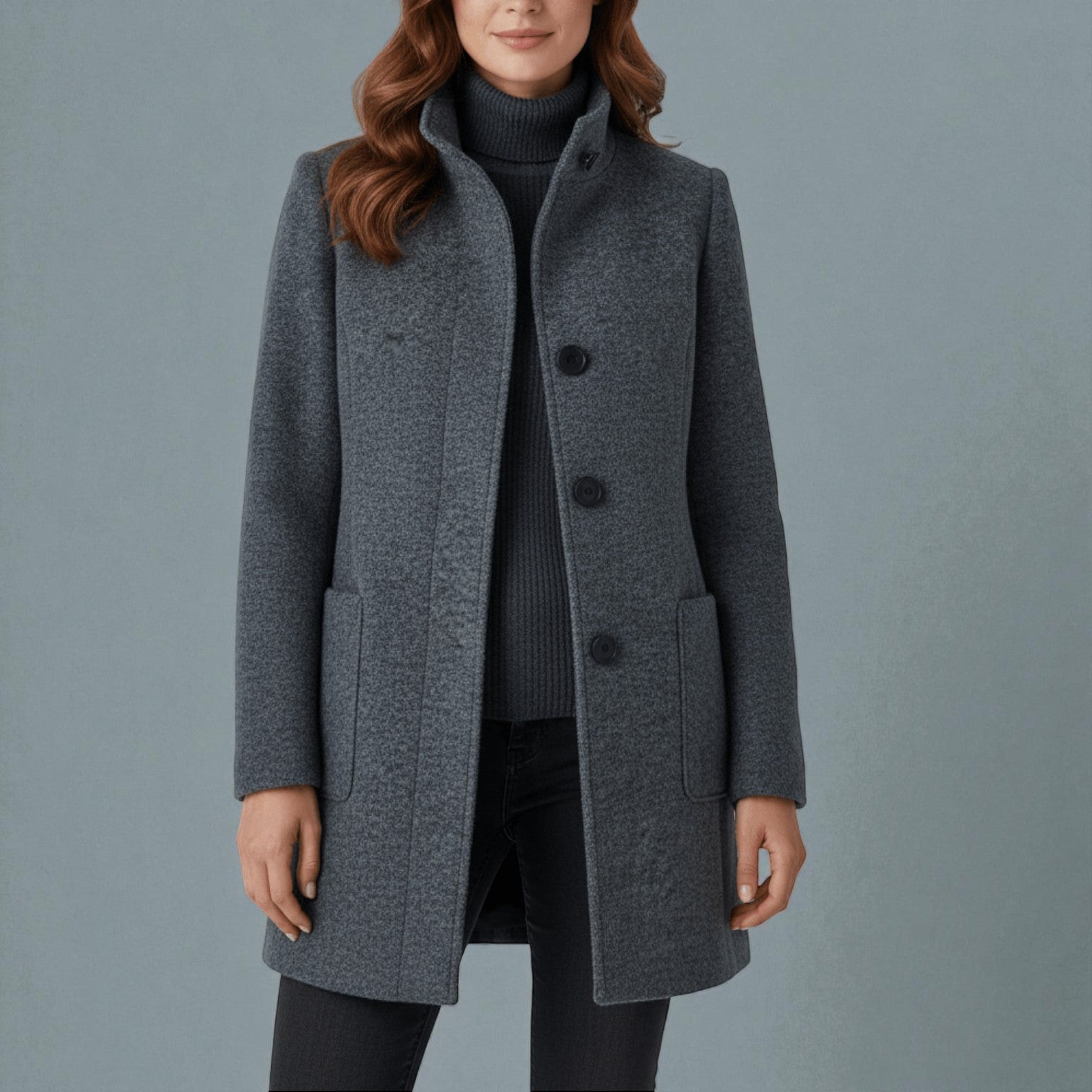 Elara – Women's Wool Coat with Stand - Up Collar and Pockets - Coats - Grey - Jones & Smith
