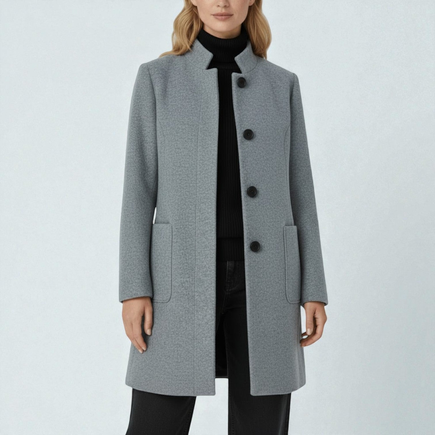 Elara – Women's Wool Coat with Stand - Up Collar and Pockets - Coats - Grey - Jones & Smith