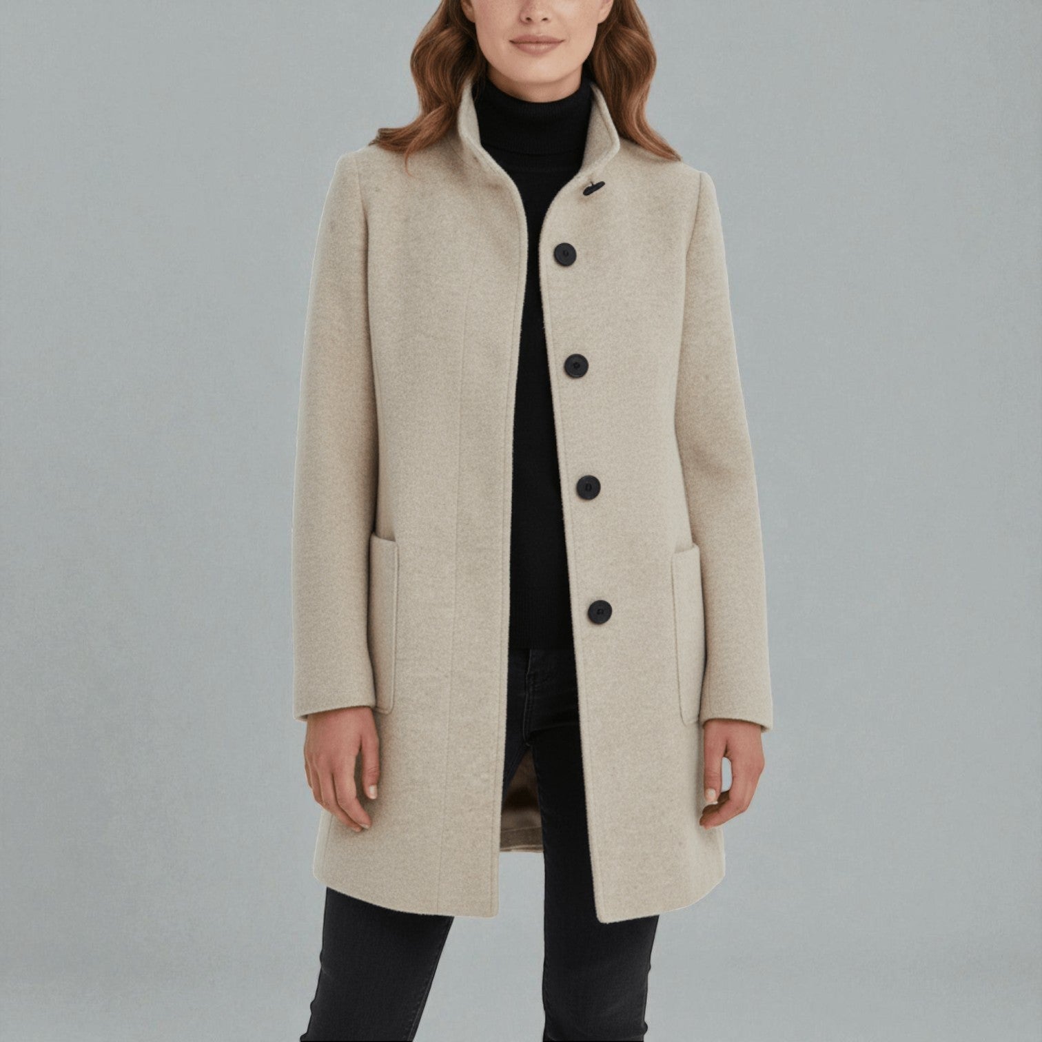 Elara – Women's Wool Coat with Stand - Up Collar and Pockets - Coats - Beige - Jones & Smith
