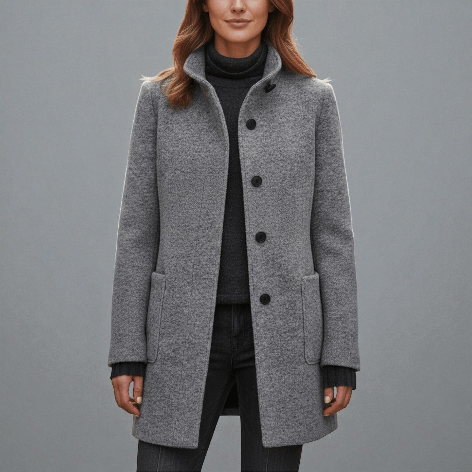 Elara – Women's Wool Coat with Stand - Up Collar and Pockets - Coats - Light Grey - Jones & Smith