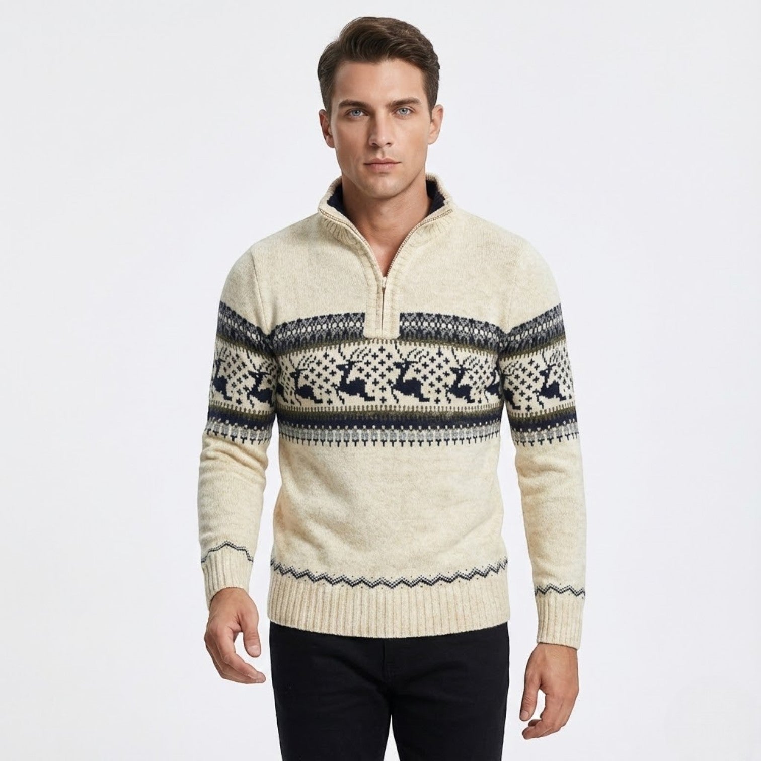 Elian – Men's Cotton Winter Jumper - Sweater - Beige - Jones & Smith