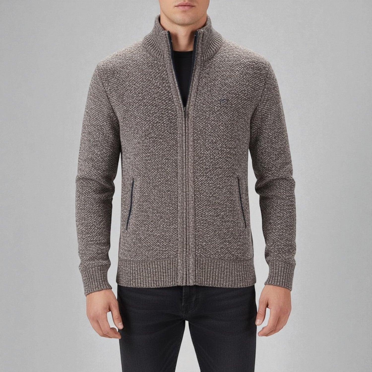 Elias – Men’s Zip - Up Cardigan with Stand - Up Collar - Sweater - Brown - Jones & Smith