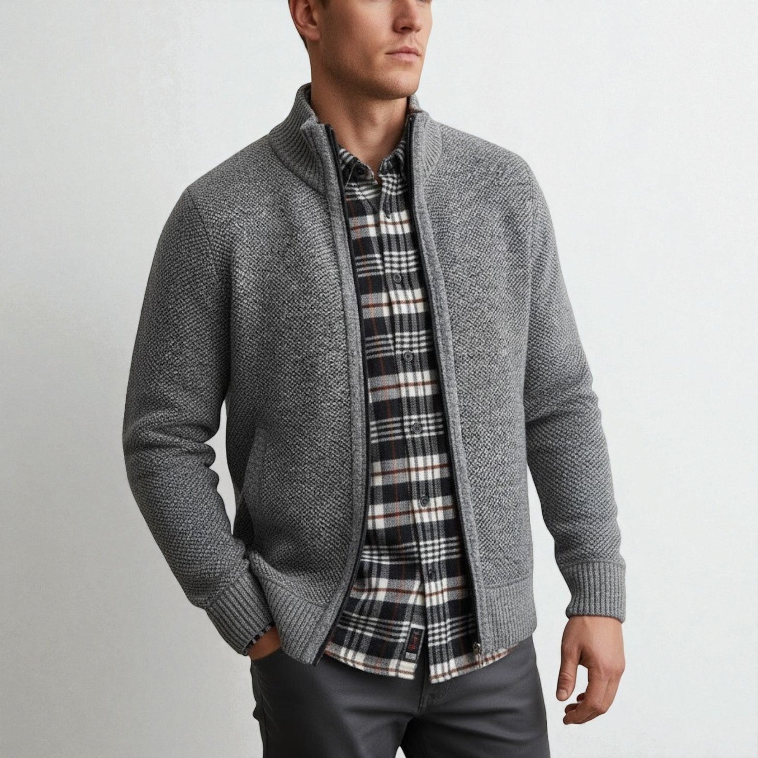 Elias – Men’s Zip - Up Cardigan with Stand - Up Collar - Sweater - Light Grey - Jones & Smith