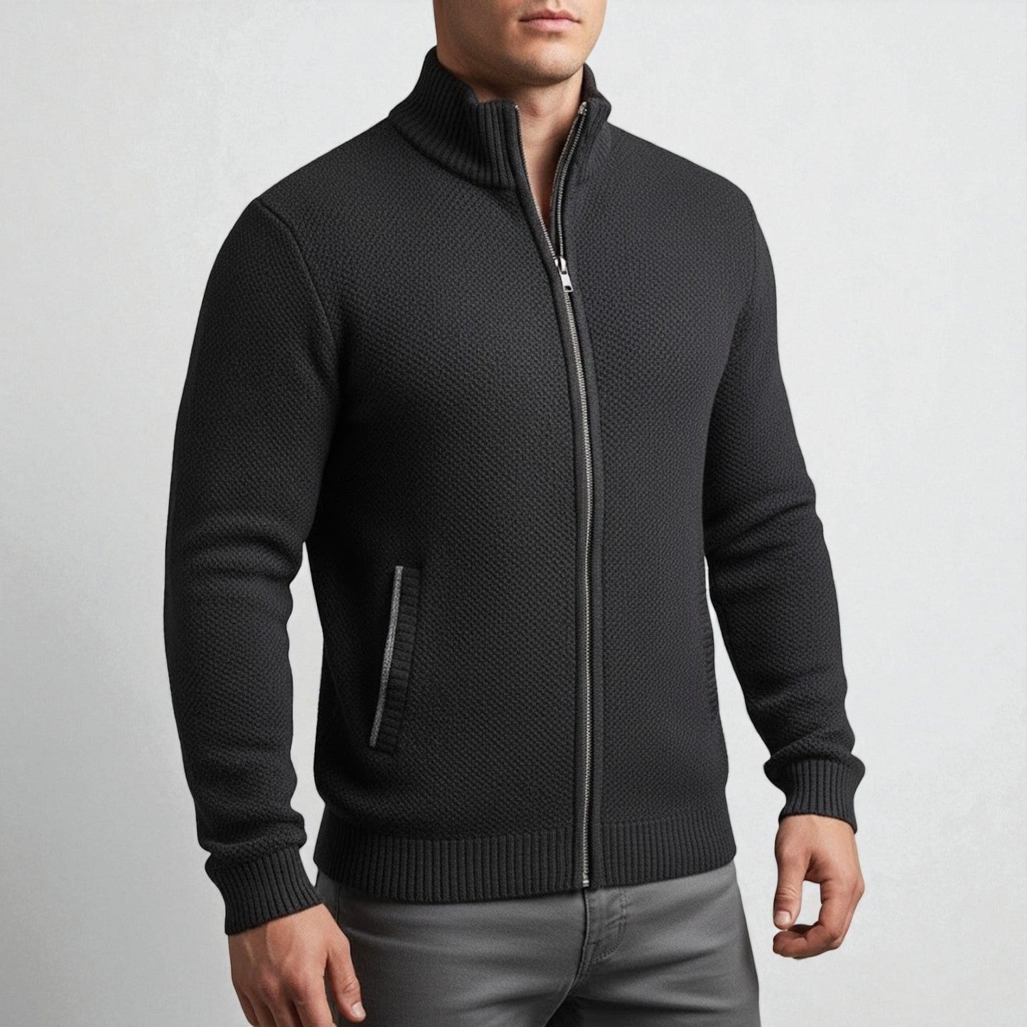 Elias – Men’s Zip - Up Cardigan with Stand - Up Collar - Sweater - Black - Jones & Smith